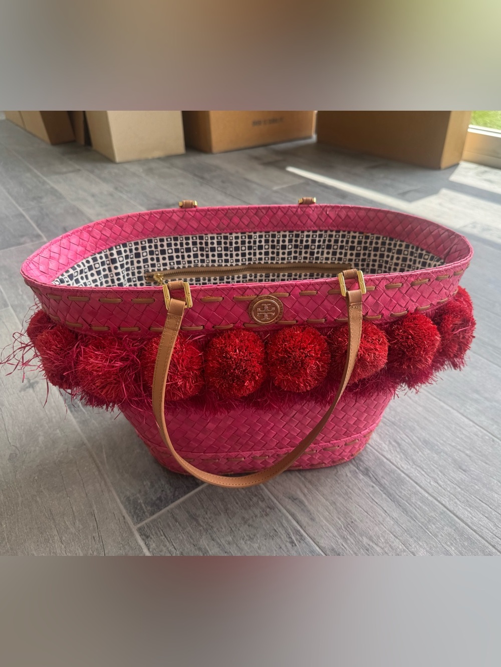 Tory Burch Handwoven Nora Bucket Tote in Red and Pink - Picture 3 of 16
